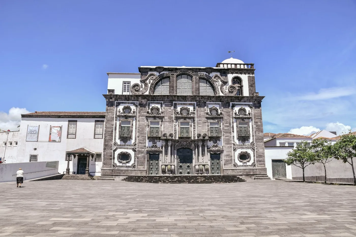 The carved basalt facade of a baroque church on Sao Miguel in the Azores, Portugal
