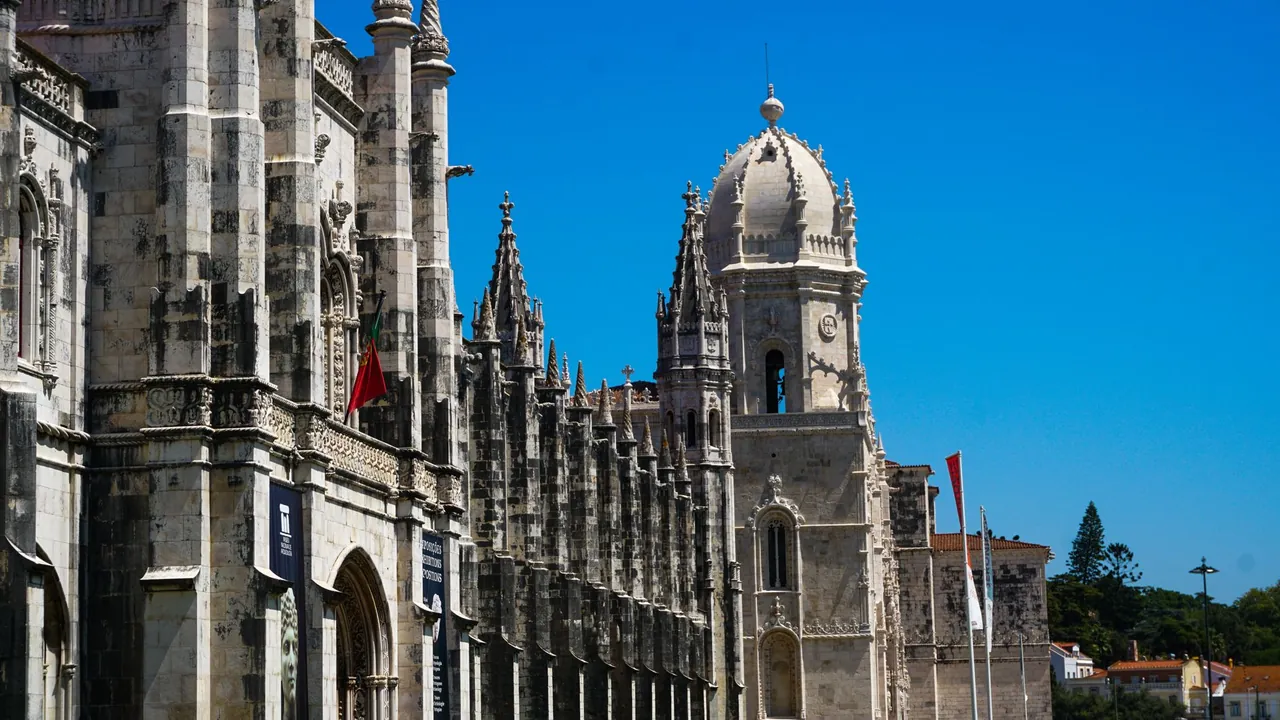The Manueline facade of Jeronimos Monastery in Belem, Lisbon, Portugal