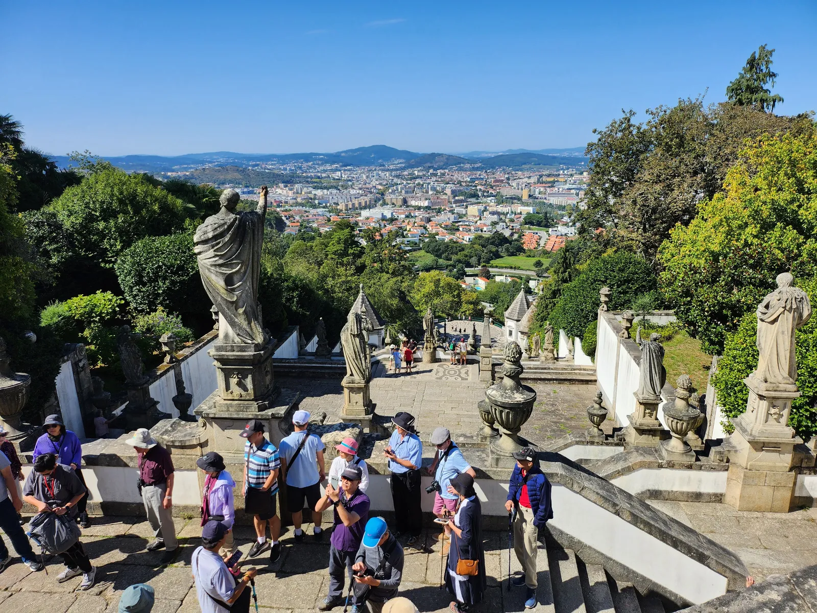 The baroque staircase of Bom Jesus do Monte climbing through gardens near Braga, Portugal