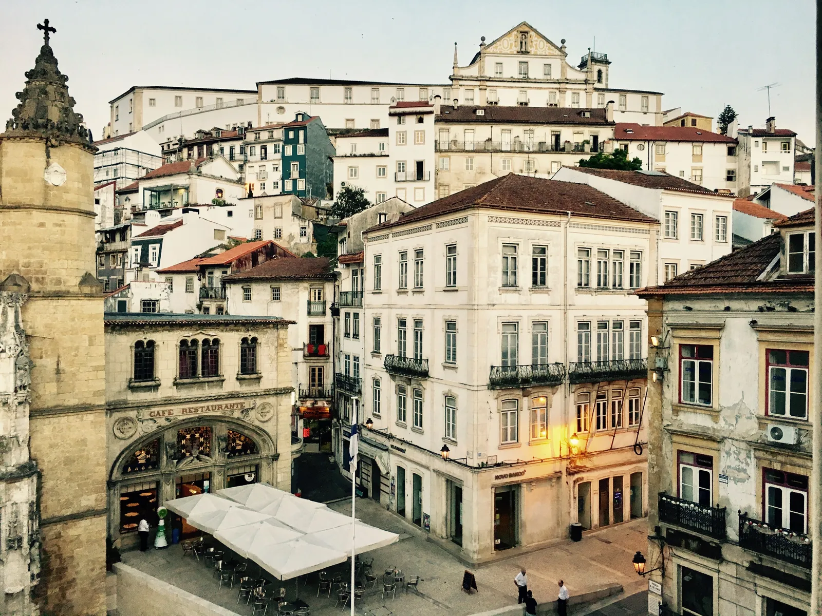 The lower town of Coimbra seen from above, with the old town climbing the hill behind it