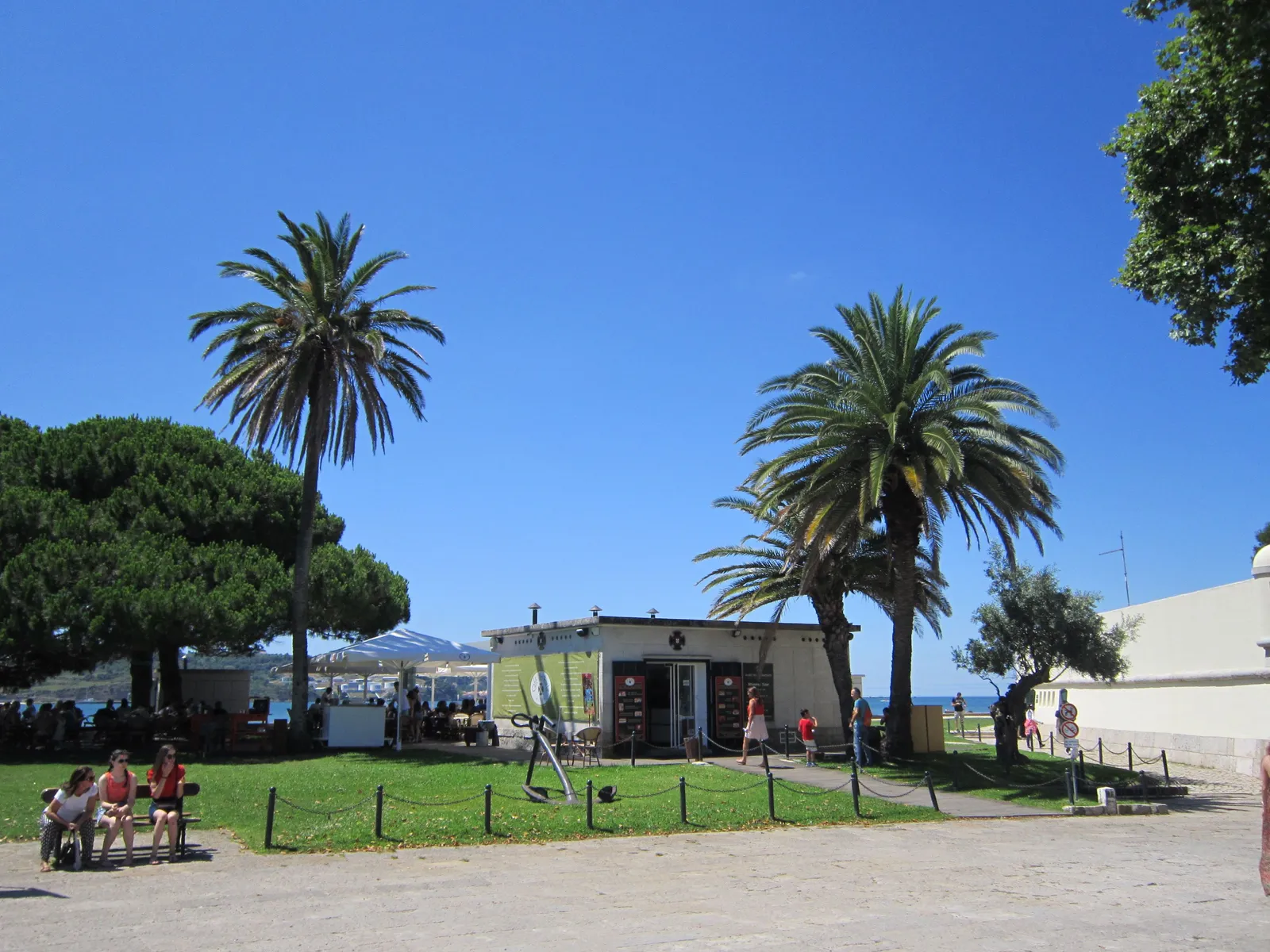 The elegant garden square of Príncipe Real in Lisbon, Portugal, with palm trees and outdoor cafe tables
