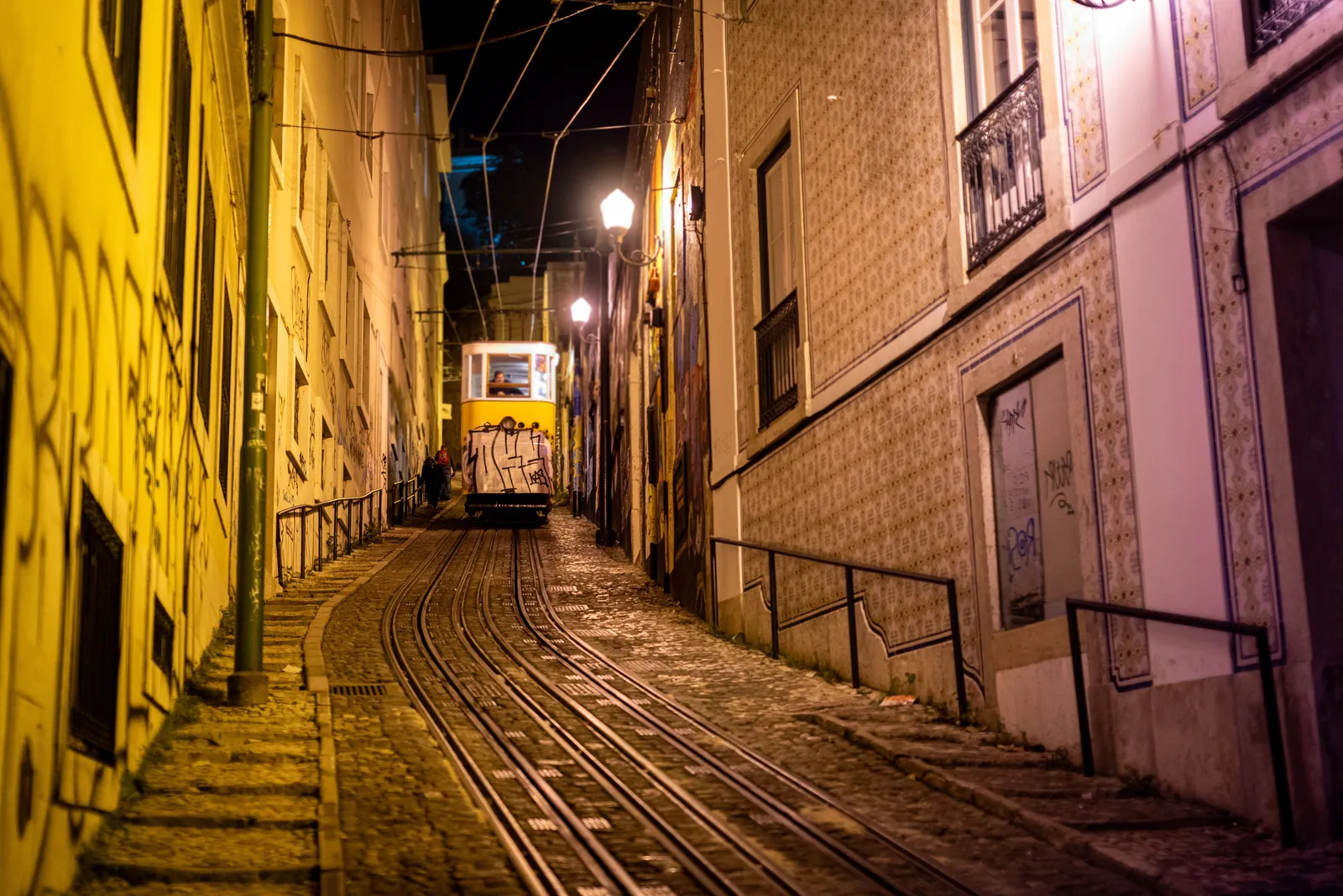 The Bica funicular climbing a steep narrow street in Lisbon, Portugal