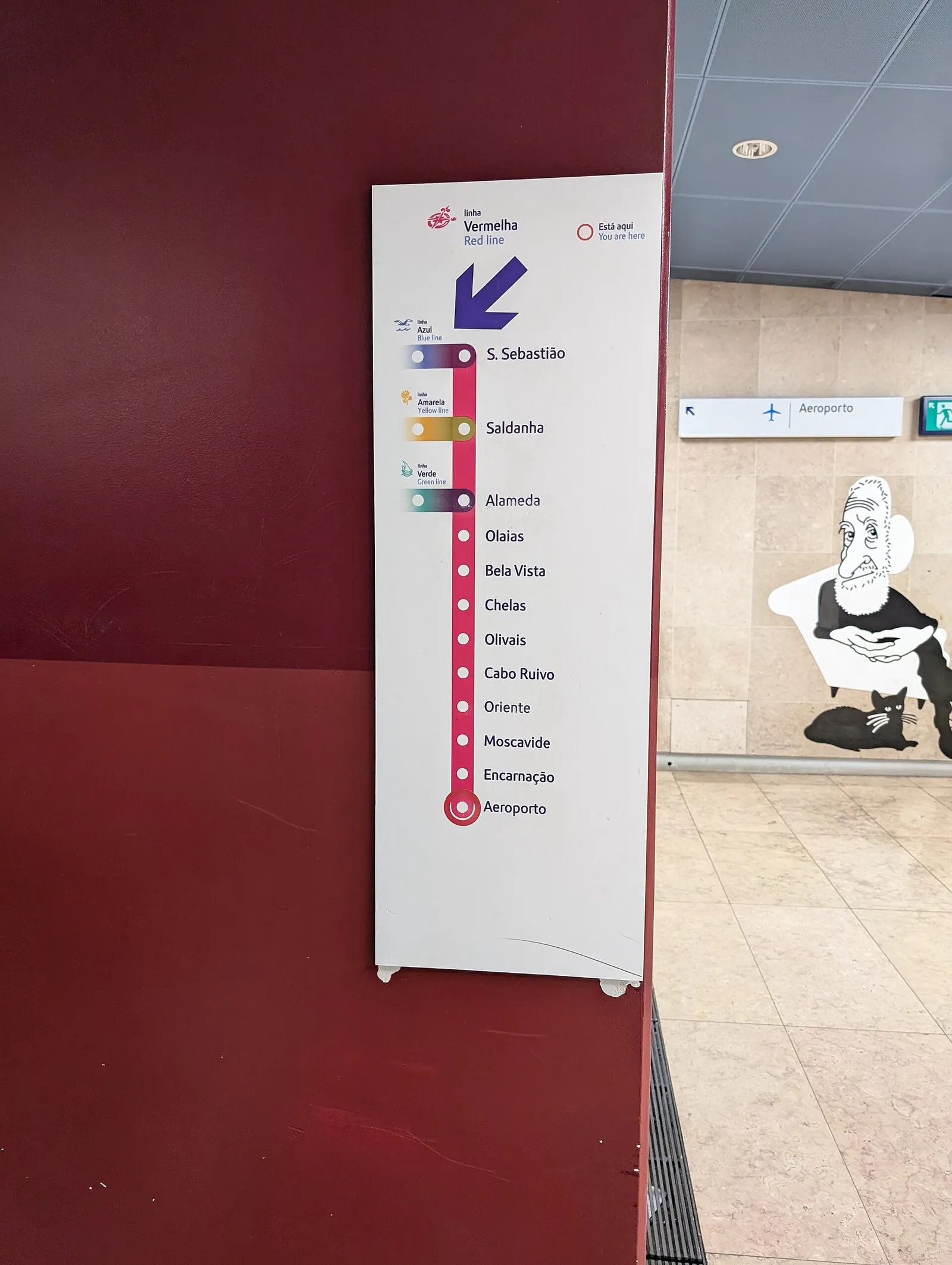 Red line diagram at Aeroporto metro station inside Lisbon Airport, Portugal