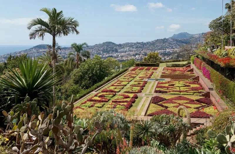Colourful flower beds in a geometric pattern on terraces, with a bay and a hillside town behind
