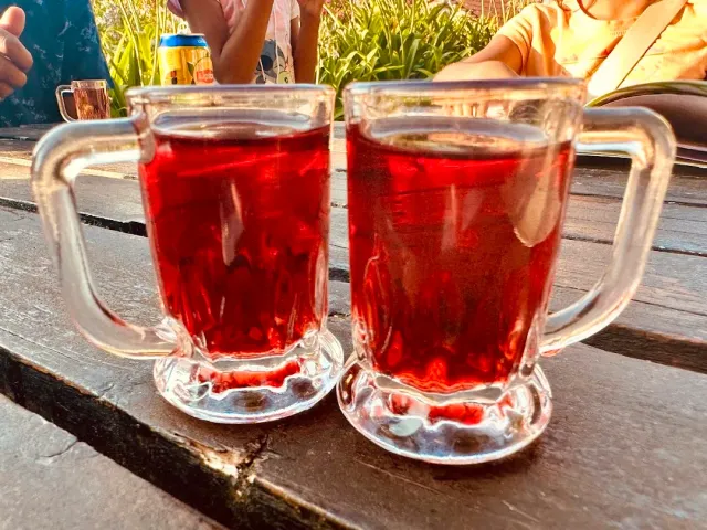 Two glass mugs of a red drink on a wooden table outdoors