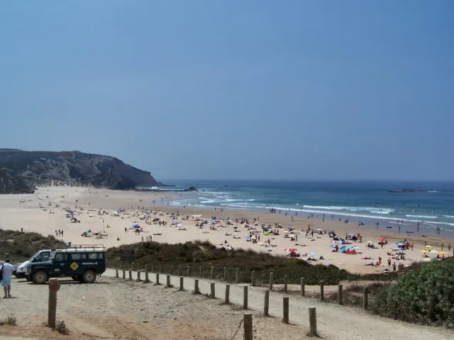 A wide surf beach with bathers and a dune path in the foreground