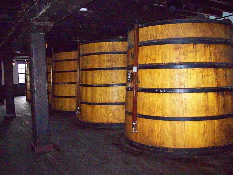 Huge pale wooden vats standing in a row in a dim ageing warehouse