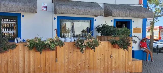 A white and blue house with a thatched roof, a wooden fence with flower boxes and a person sitting