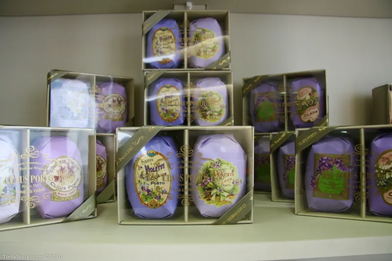 Illustrated Claus Porto soap boxes arranged in the shop