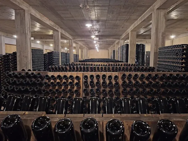A huge warehouse with thousands of bottles laid on their sides on wooden racks