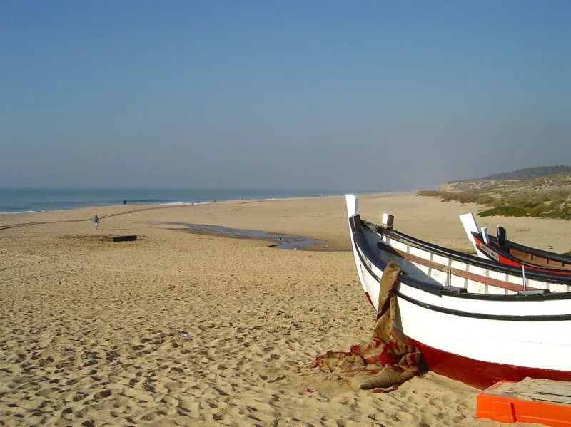 Traditional fishing boats on a wide open sand beach facing calm surf
