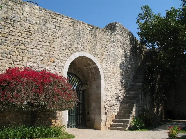 An arched gate in a stone wall with steps and a red bougainvillea