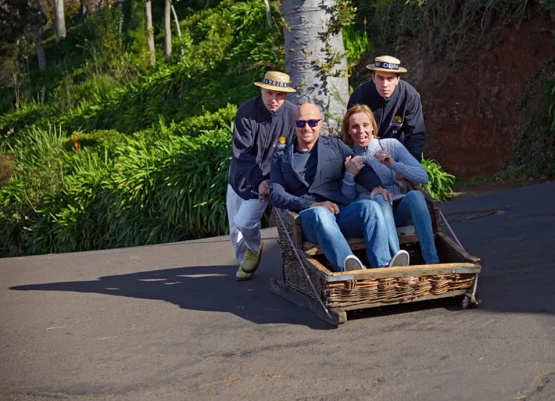 The wicker toboggan of Monte in Funchal, with the two carreiros steering it downhill