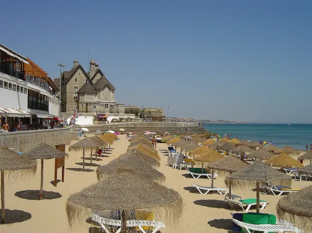 A beach with rows of straw parasols and calm water behind