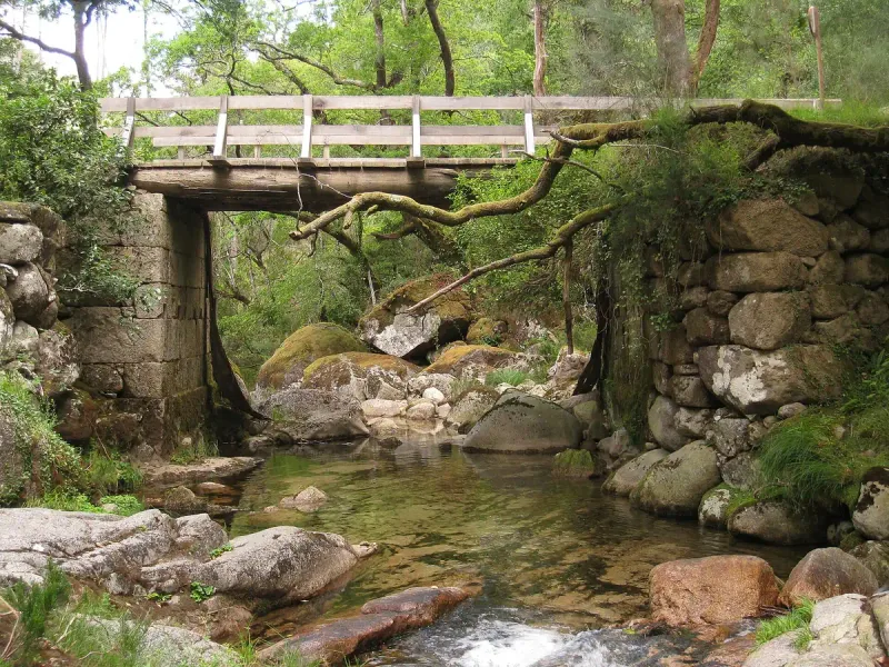A clear stream among granite boulders in a forest, beneath an old stone and timber bridge
