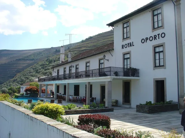 A white estate house above a pool with vineyard slopes deep in the valley