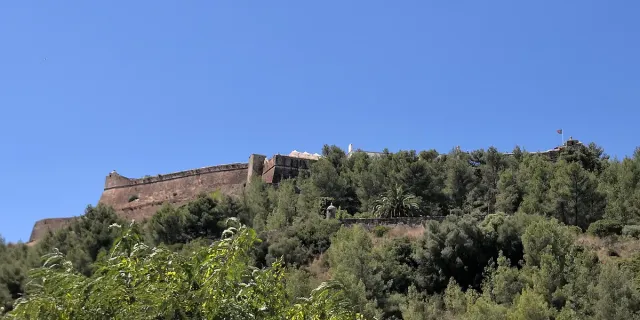 Low stone fortress walls on a wooded hilltop