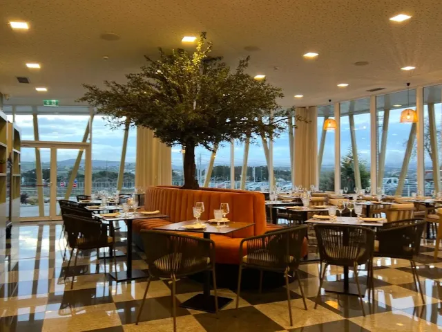 A bright room with a large tree in the centre, an orange sofa and a chequered floor