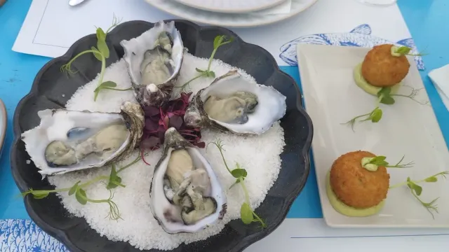 A plate of oysters on coarse salt with sprouts, and beside it two fried croquettes