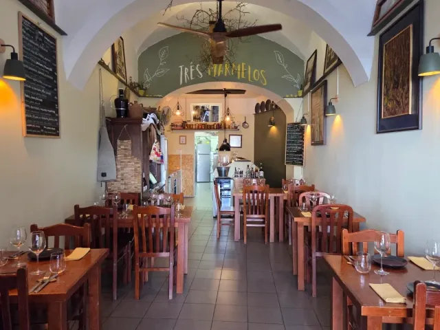 A narrow hall with a vaulted ceiling, a painted green wall, chalkboards and wooden tables