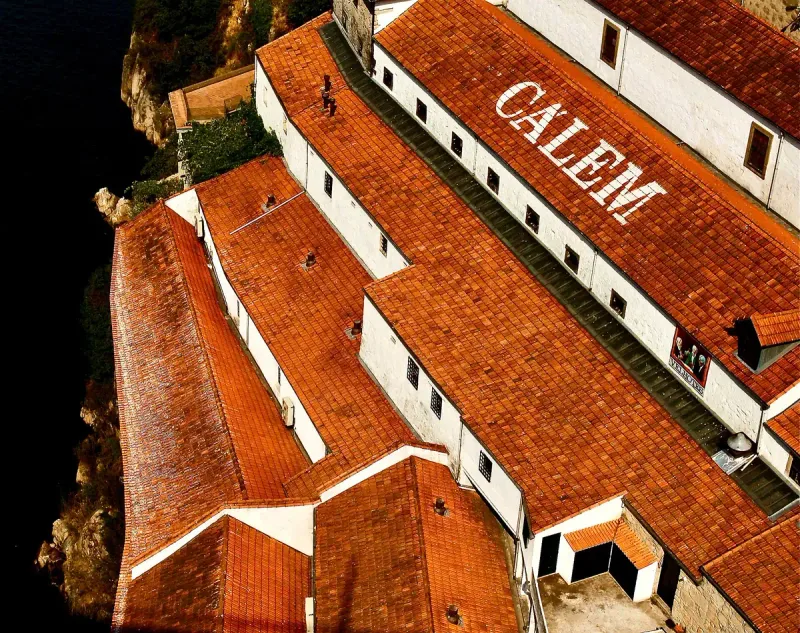 An oblique overhead view of red tiled warehouse roofs with a name written across them