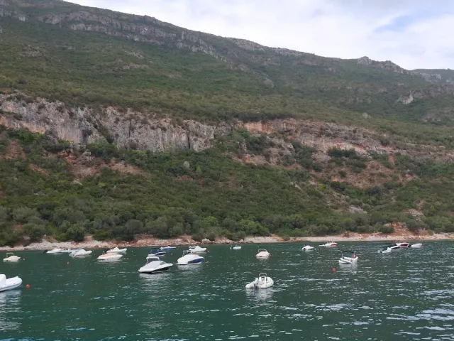 Small motorboats anchored in a green bay below a wooded ridge with rocky cliffs