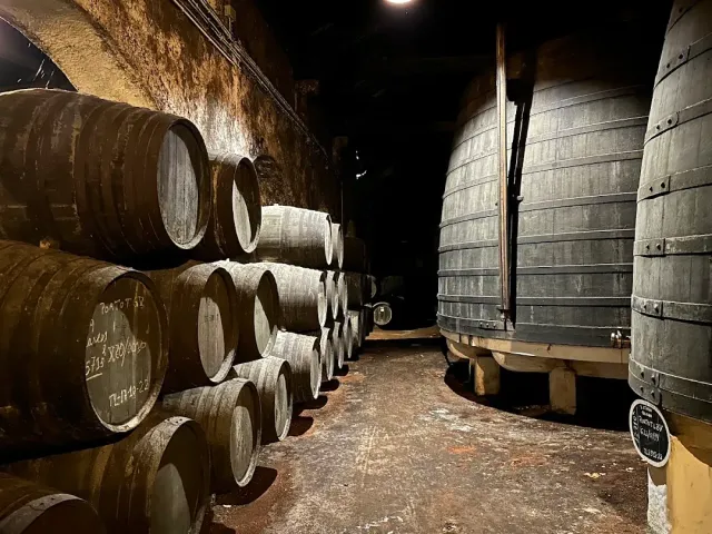 A dim cellar aisle with stacked wooden barrels and giant vats opposite