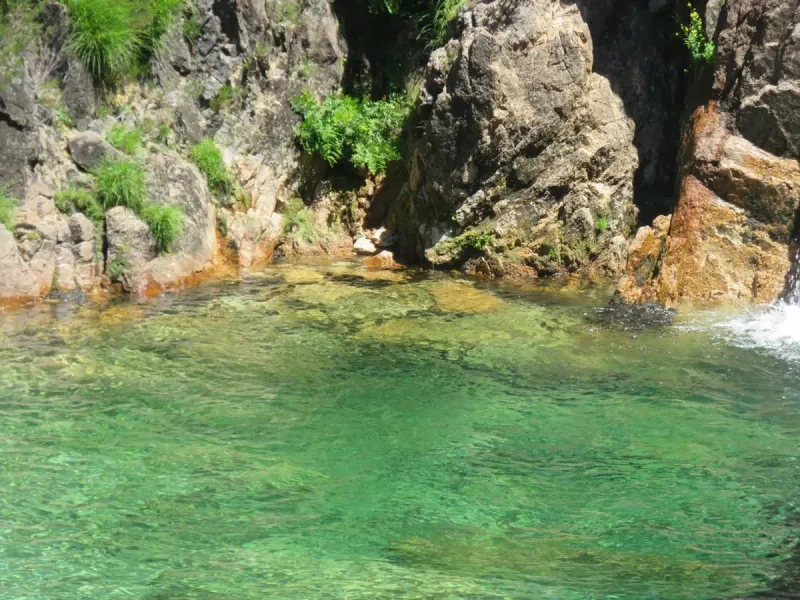 A natural pool of clear green water among moss covered granite rocks