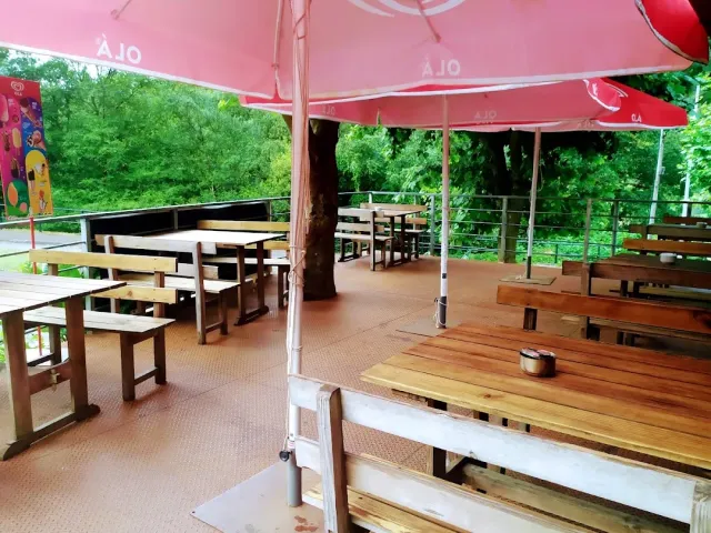 Wooden tables and benches under red parasols, with green forest all around