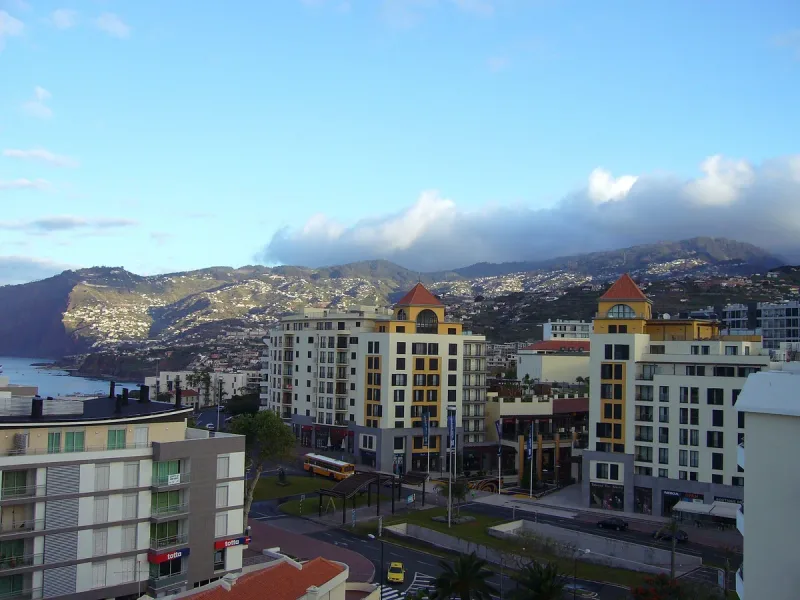 The Forum Madeira shopping centre in Funchal, seen from the hill above it
